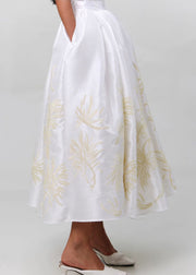 Art White Embroidered Pockets High Waist Silk Skirts Spring