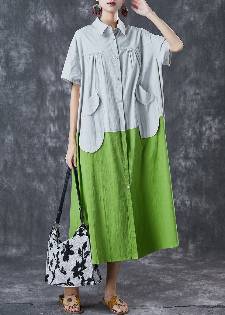 Art Grey Oversized Patchwork Pockets Cotton Shirt Dresses Summer