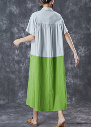 Art Grey Oversized Patchwork Pockets Cotton Shirt Dresses Summer