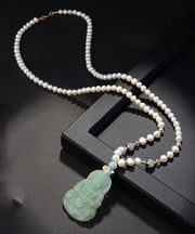 Art White Jade Pearl Zircon Pendant Necklace