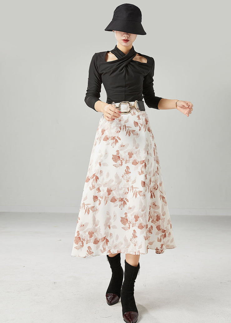 Art White Leaf Print Exra Large Hem Chiffon Skirt Summer