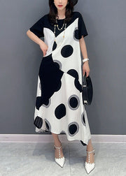 Art White O Neck Dot Print Patchwork Cotton Dresses Summer