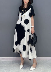 Art White O Neck Dot Print Patchwork Cotton Dresses Summer