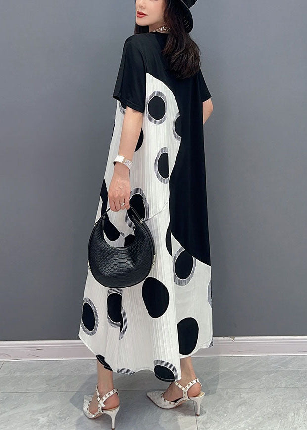 Art White O Neck Dot Print Patchwork Cotton Dresses Summer