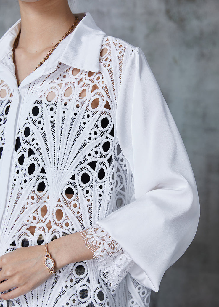 Art White Oversized Hollow Out Lace Shirt Tops Fall