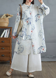 Art White Oversized Print Linen Oriental Dress Fall