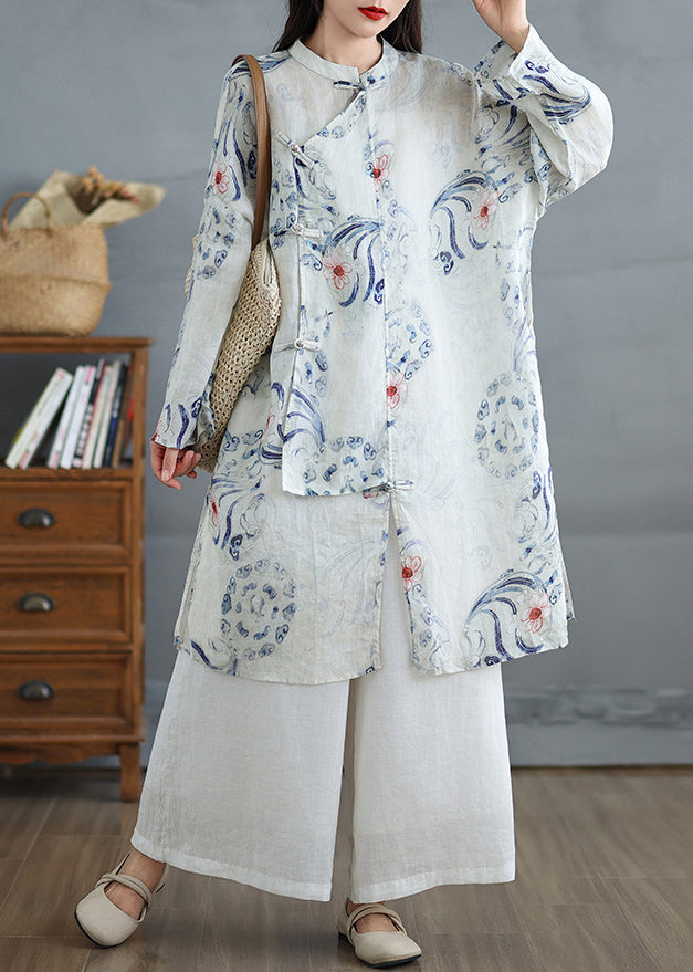 Art White Oversized Print Linen Oriental Dress Fall