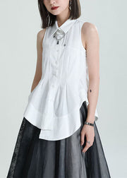 Art White Peter Pan Collar Asymmetrical Design Cotton Cinch Top Sleeveless