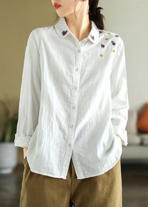 Art White Peter Pan Collar Embroideried Cotton Shirt Spring