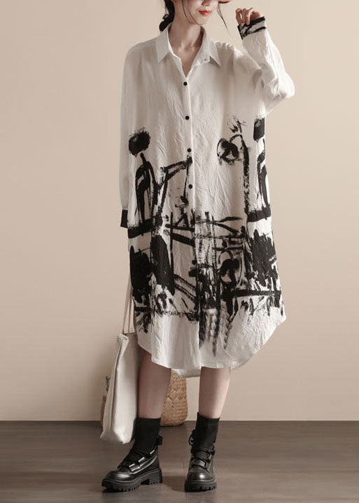 Art White Peter Pan Collar Patchwork Linen Shirts Dress Spring