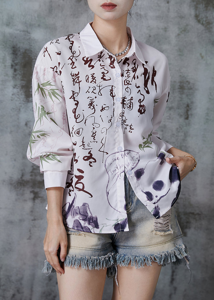 Art White Peter Pan Collar Print Chiffon Shirt Top Spring