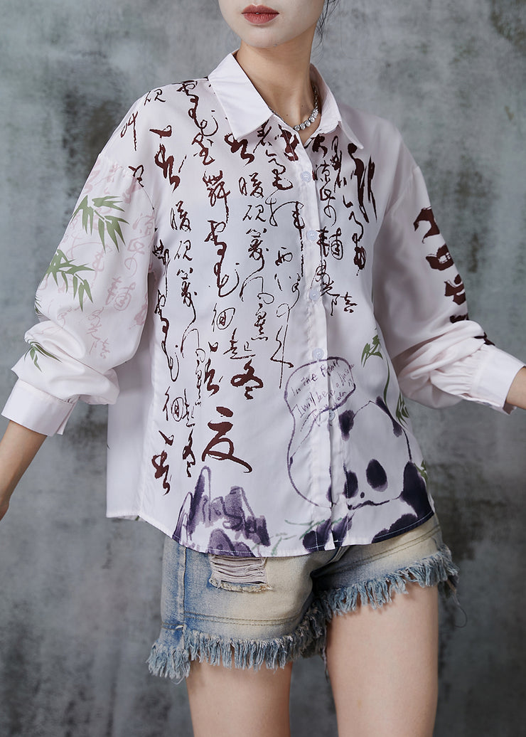 Art White Peter Pan Collar Print Chiffon Shirt Top Spring