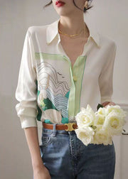 Art White Peter Pan Collar Print Chiffon Shirt Tops Spring