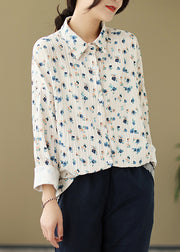 Art White Peter Pan Collar Print Cotton Shirts Fall