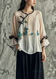 Art White Print Chinese Button Cotton Blouses Flare Sleeve