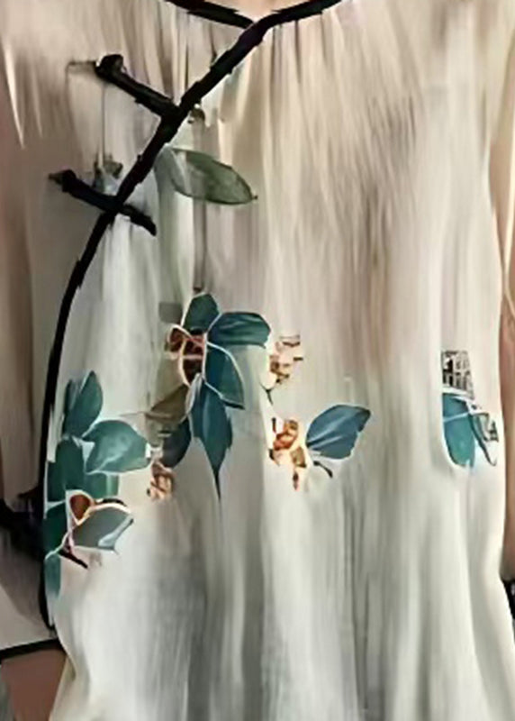 Art White Print Chinese Button Cotton Blouses Flare Sleeve