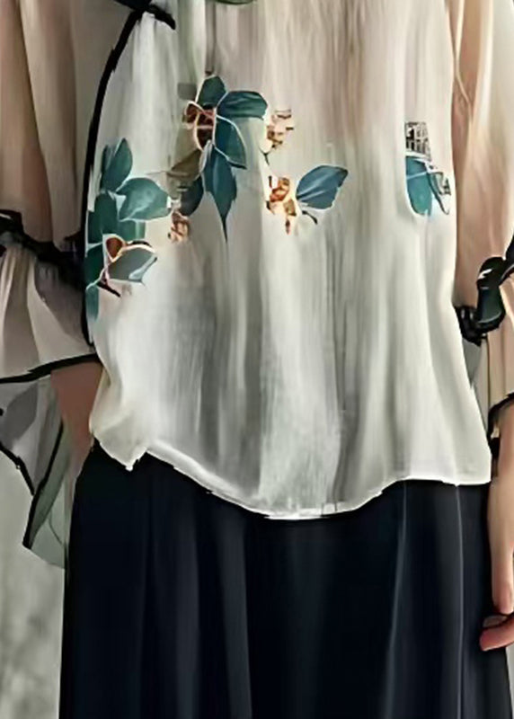 Art White Print Chinese Button Cotton Blouses Flare Sleeve