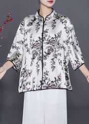 Art White Print Slim Fit Silk Blouses Summer