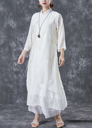 Art White Ruffled Embroideried Tassel Cotton Long Dress Summer