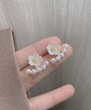 Art White Sterling Silver Alloy Pearl Floral Stud Earrings