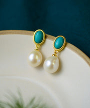 Art White Sterling Silver Overgild Turquoise Pearl Drop Earrings