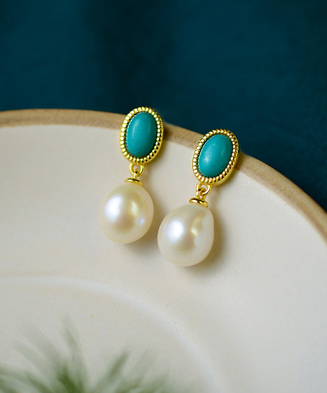 Art White Sterling Silver Overgild Turquoise Pearl Drop Earrings