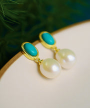 Art White Sterling Silver Overgild Turquoise Pearl Drop Earrings