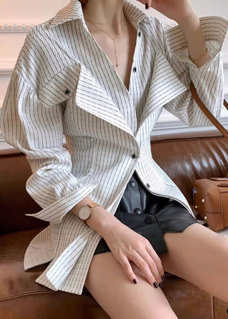 Art White Striped Button Original Design Cotton Shirt Spring