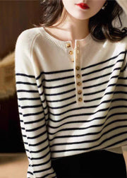 Art White Striped Button Woolen Sweaters Spring