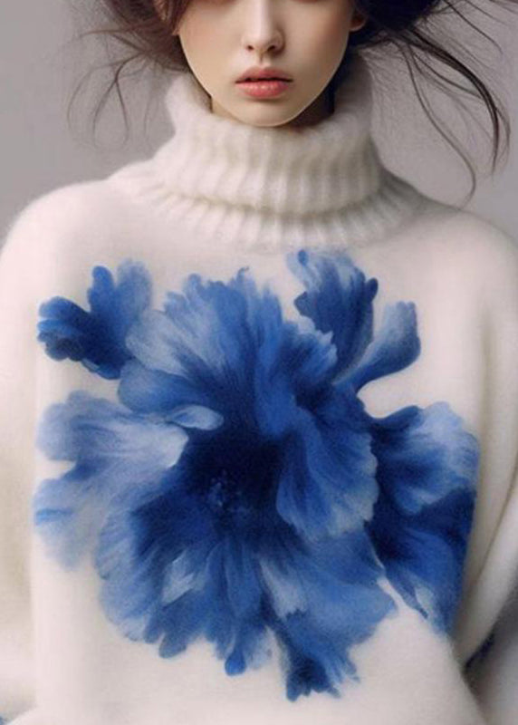 Art White Turtleneck Print Wool Knit Sweaters Spring