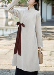 Art White V Neck Patchwork Tie Waist Woolen Dress Spring