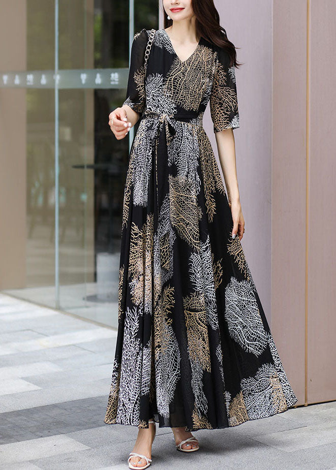 Art Wrinkled High Waist Chiffon Long Dress Short Sleeve