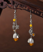 Art Yellow Agate Flower Tassel Silver Drop Earrings