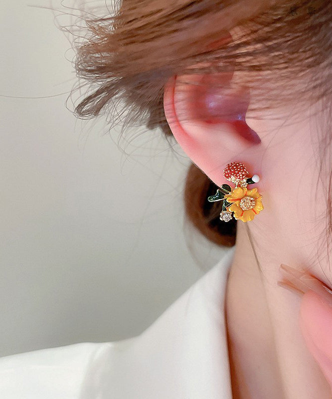 Art Yellow Alloy Zircon Pearl Drop Glaze Floral Stud Earrings