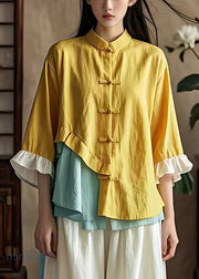 Art Yellow Asymmetrical Button Cotton Blouse Butterfly Sleeve