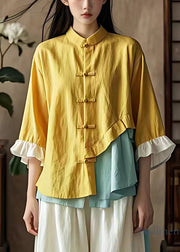 Art Yellow Asymmetrical Button Cotton Blouse Butterfly Sleeve