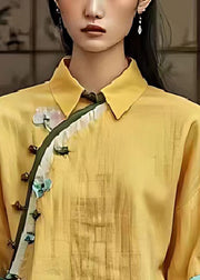 Art Yellow Chinese Button Linen Oriental Shirts Flare Sleeve