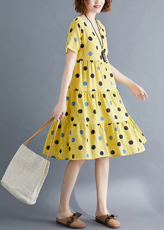 Art Yellow Dot Print Patchwork Holiday Mid Dress Short Sleeve