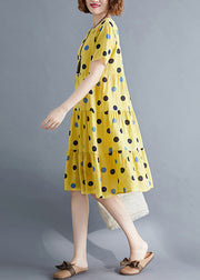 Art Yellow Dot Print Patchwork Holiday Mid Dress Short Sleeve