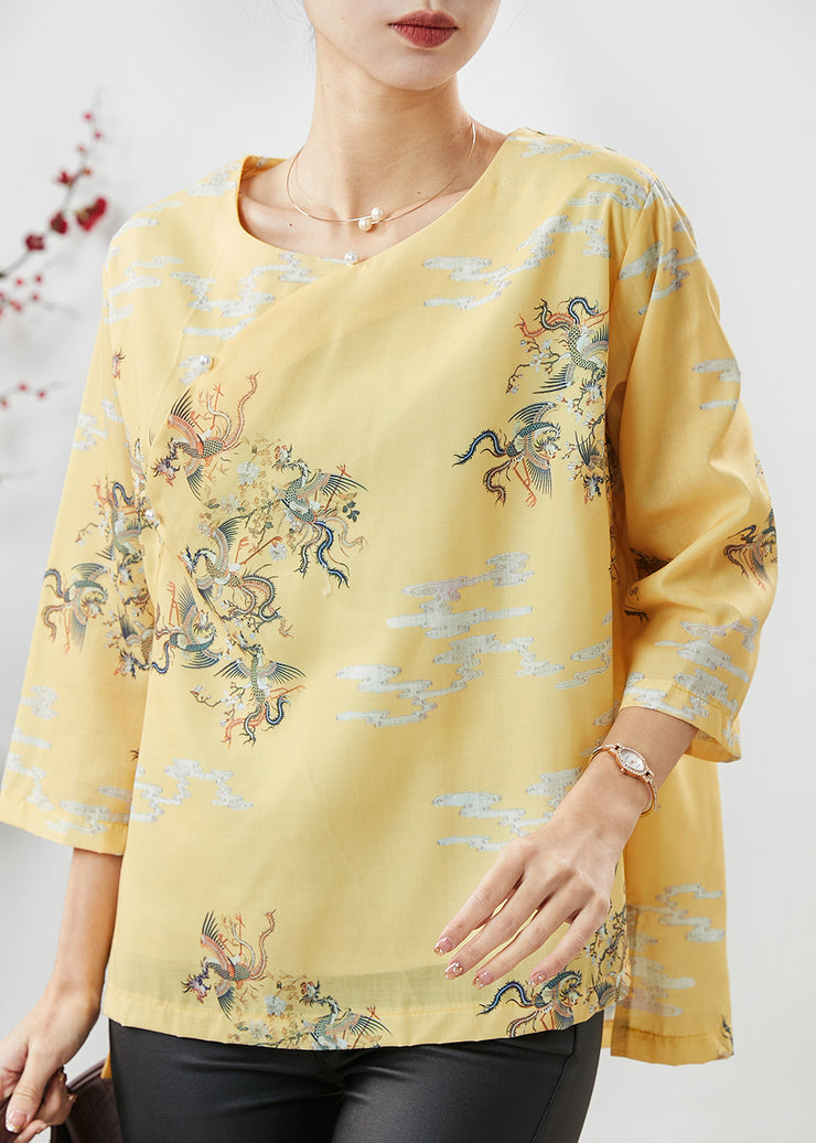 Art Yellow Dragon Print Nail Bead Linen Shirt Tops Spring