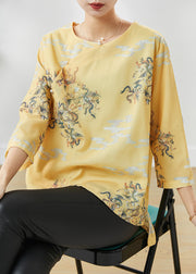 Art Yellow Dragon Print Nail Bead Linen Shirt Tops Spring