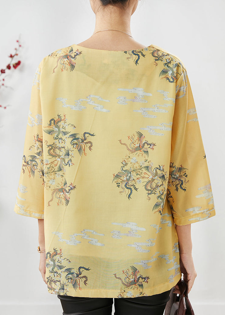 Art Yellow Dragon Print Nail Bead Linen Shirt Tops Spring