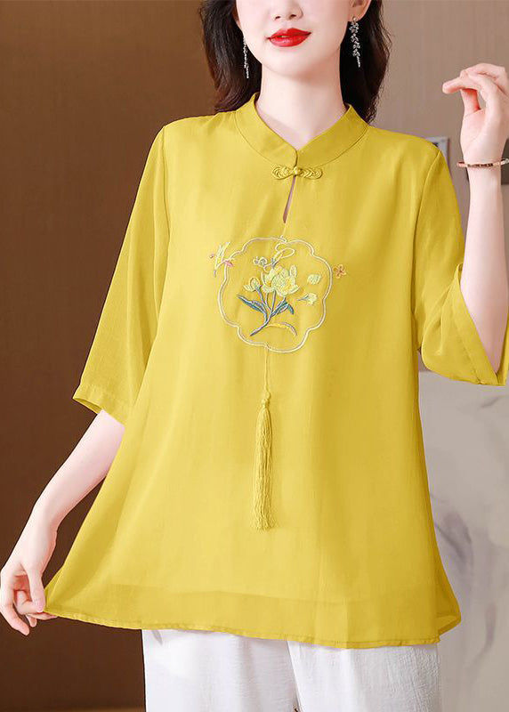 Art Yellow Embroidered Chinese Button Silk Top Half Sleeve