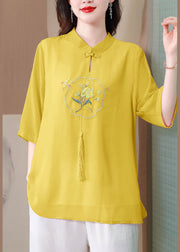 Art Yellow Embroidered Chinese Button Silk Top Half Sleeve