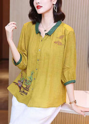 Art Yellow Embroidered Button Patchwork Linen Shirt Tops Summer