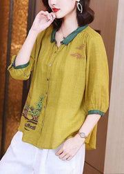 Art Yellow Embroidered Button Patchwork Linen Shirt Tops Summer