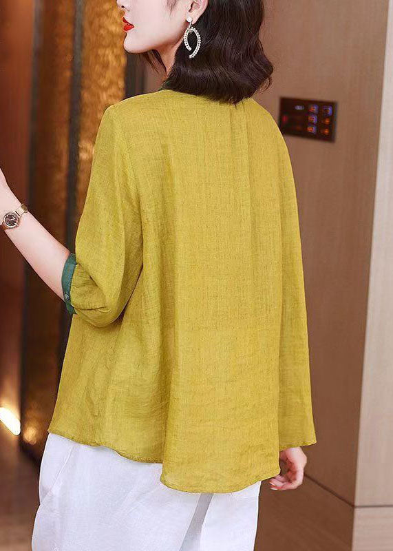 Art Yellow Embroideried Button Patchwork Linen Shirt Tops Summer