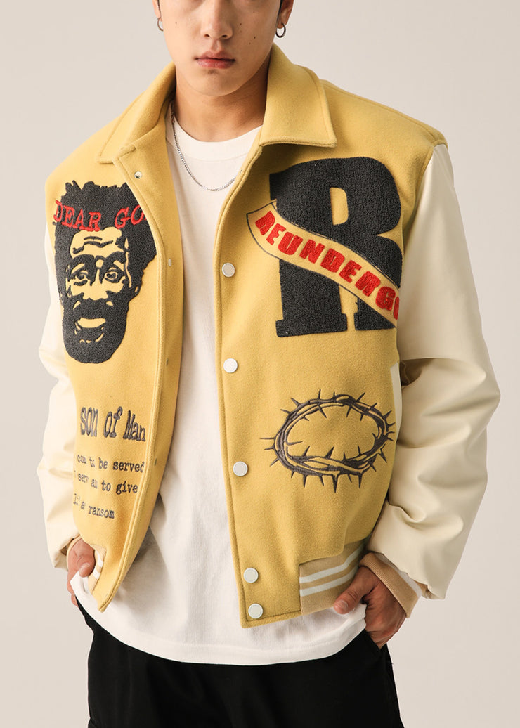 Art Yellow Embroideried Pockets Patchwork Men Parka Spring