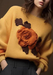 Art Yellow Floral  Cozy Cotton Knit Tops Fall