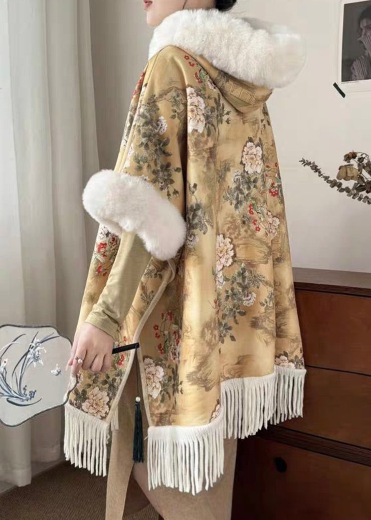 Art Yellow Fur Collar Print Side Open Warm Fleece Coats Winter